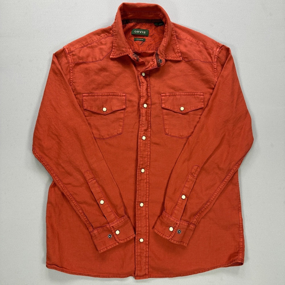 Orvis Pearl Snap Shirt Mens M Active Fit Orange Western Cowboy Long Sleeve